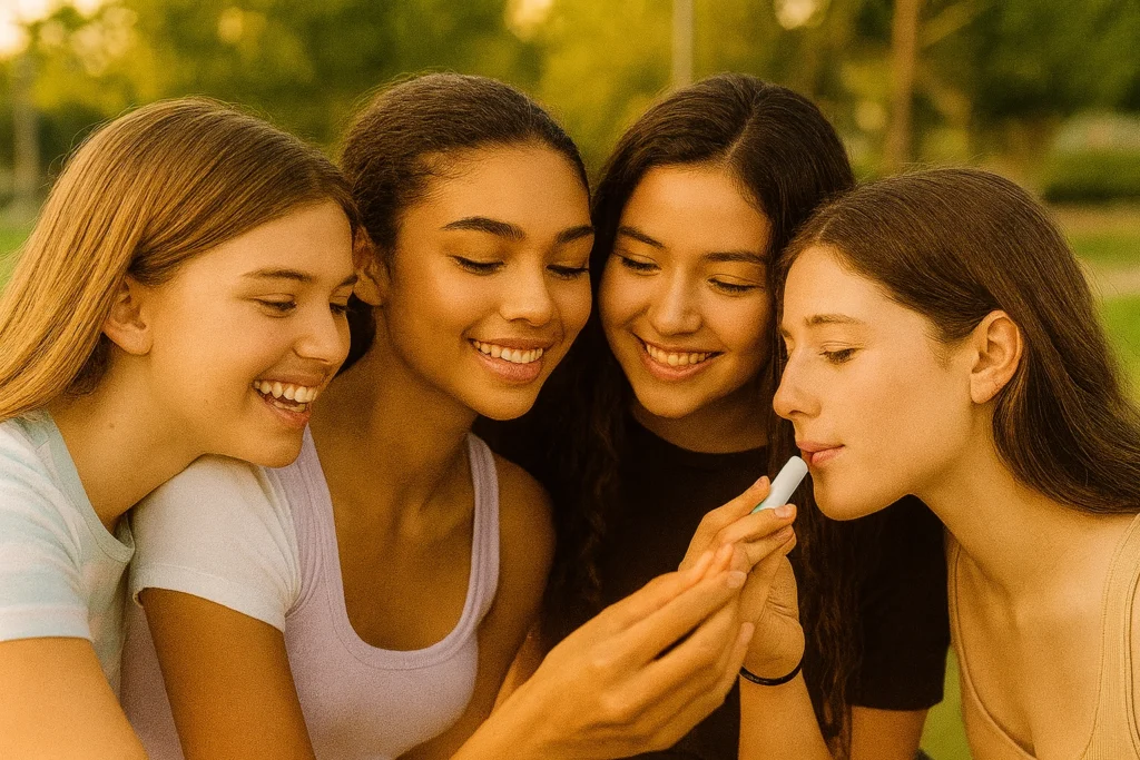 teen girls sharing lip balm